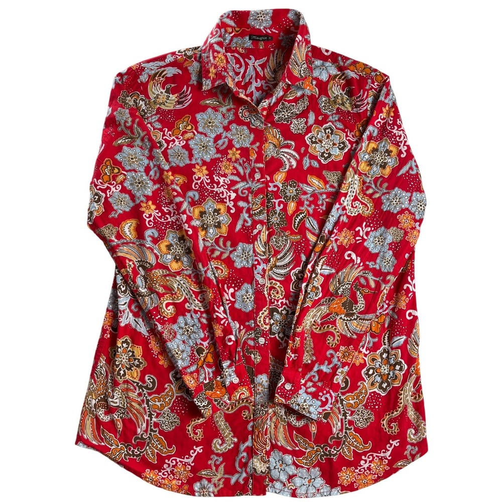 J McLaughlin Red Floral Bird Print Cotton Button Front Shirt Womens M